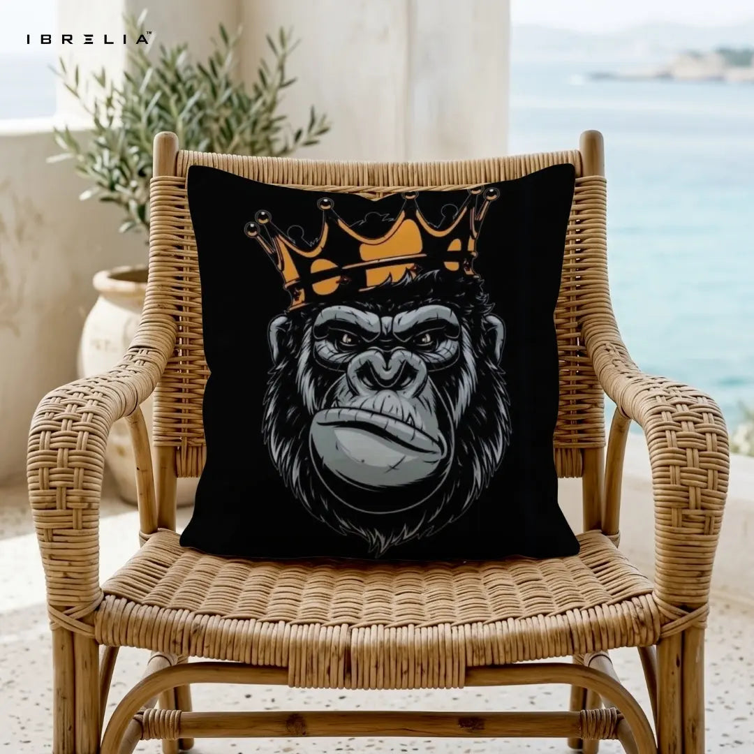 King Gorilla Cushion | Bold Crown Animal Design | Premium Jute Fabric | Double-Sided Print | IBRELIA™ IBRELIA