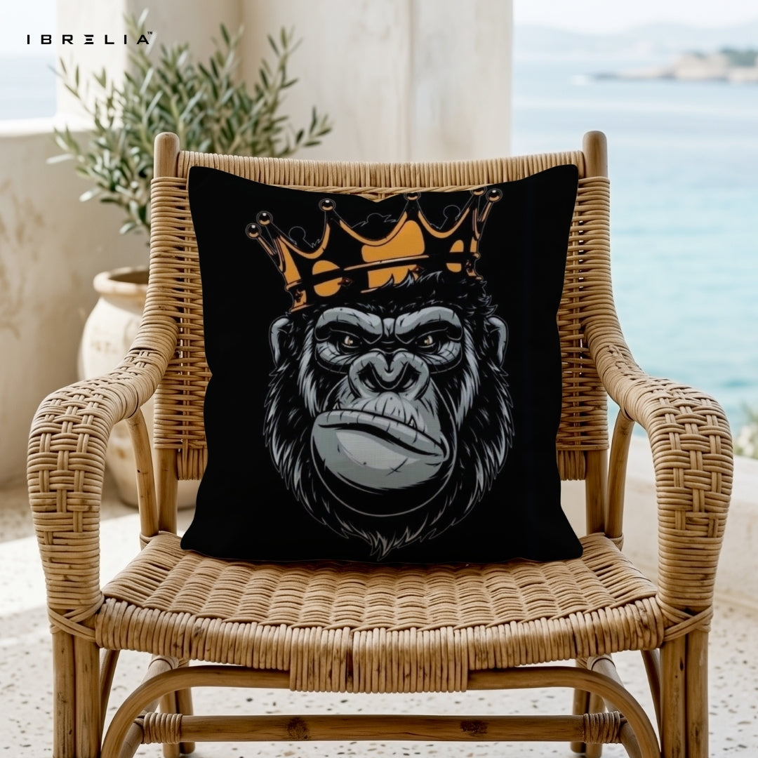 King Gorilla Cushion | Bold Crown Animal Design | Premium Jute Fabric | Double-Sided Print | IBRELIA™ IBRELIA