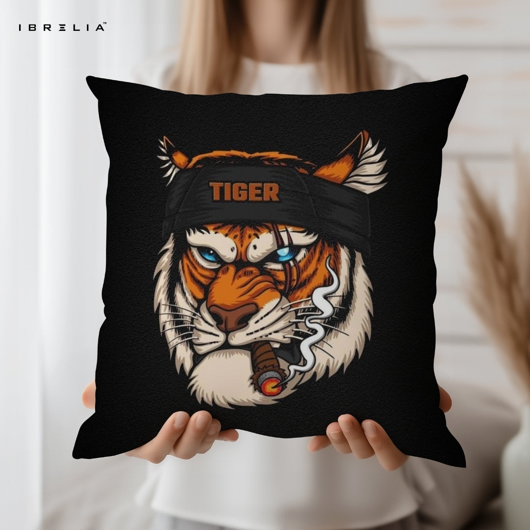 Gangster Tiger Cushion | Bold Street Style Animal Design | Premium Jute Fabric | Double-Sided Print | IBRELIA™ IBRELIA