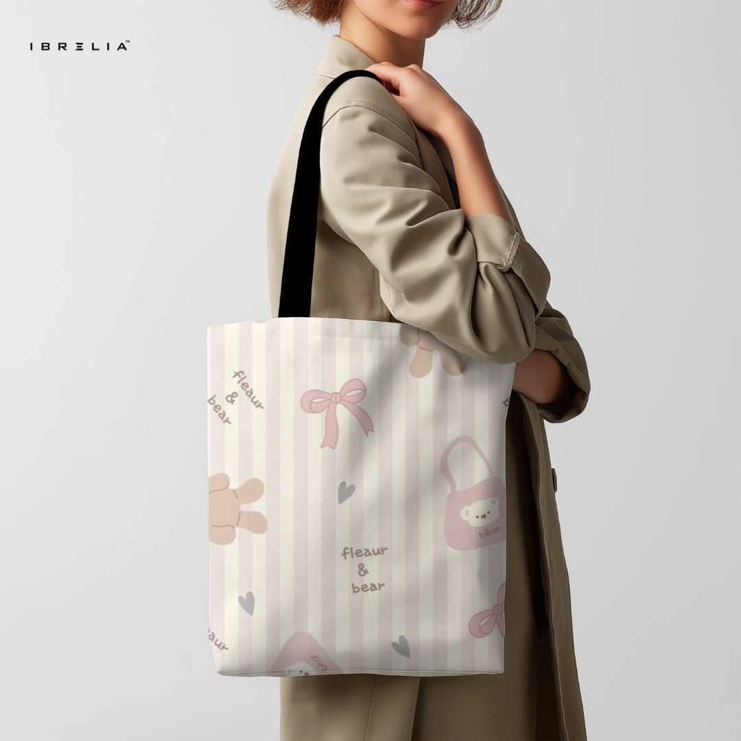 IBRELIA™ Fleur & Bear Pastel Tote Bag – Soft Girl Aesthetic Premium Jute Tote IBRELIA