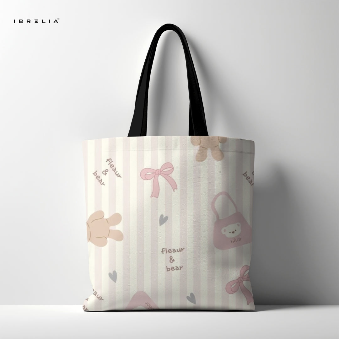 IBRELIA™ Fleur & Bear Pastel Tote Bag – Soft Girl Aesthetic Premium Jute Tote IBRELIA