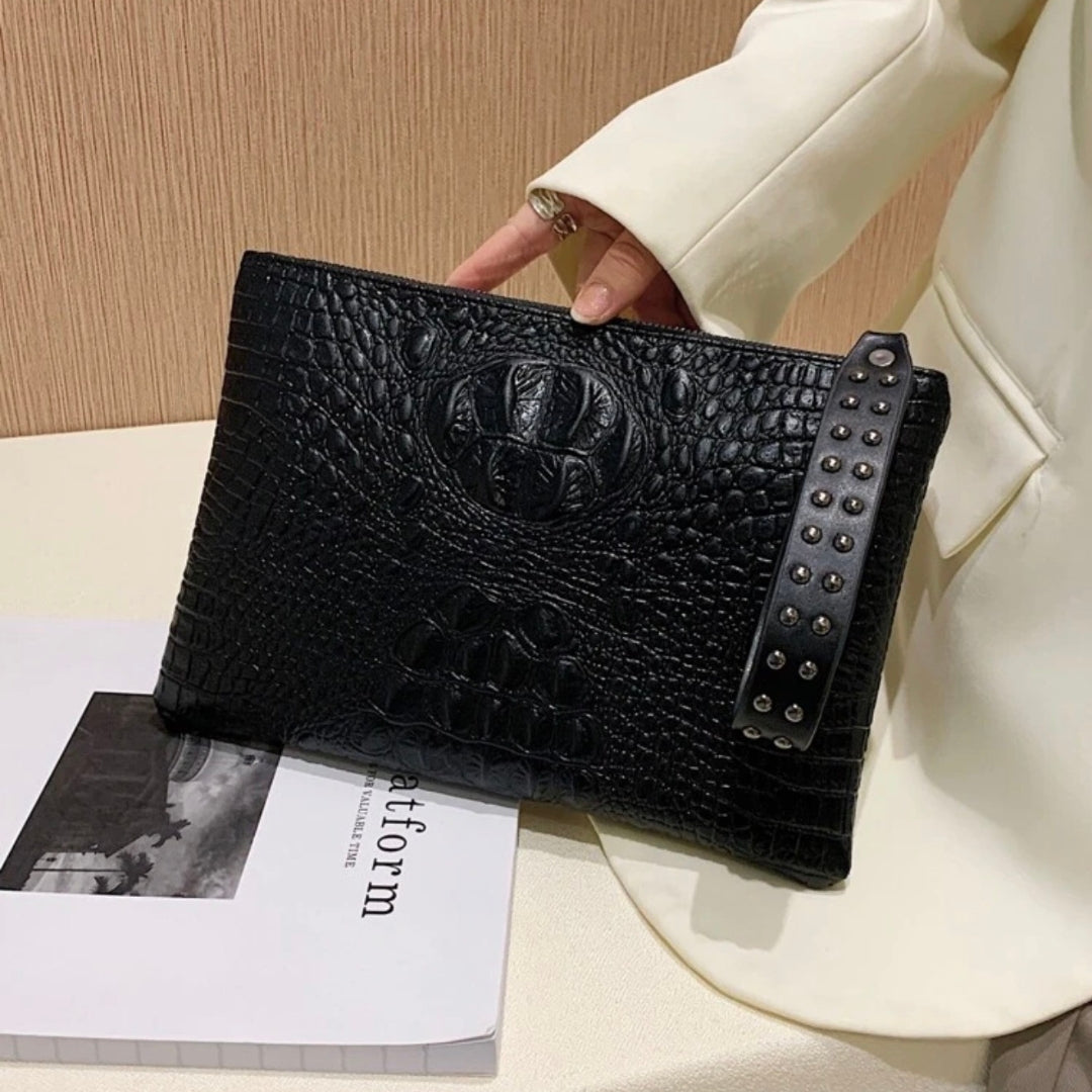 Crocodile Embossed Studded Wristlet Bag | Vintage Old-Money PU Leather Clutch for Women | IBRELIA™