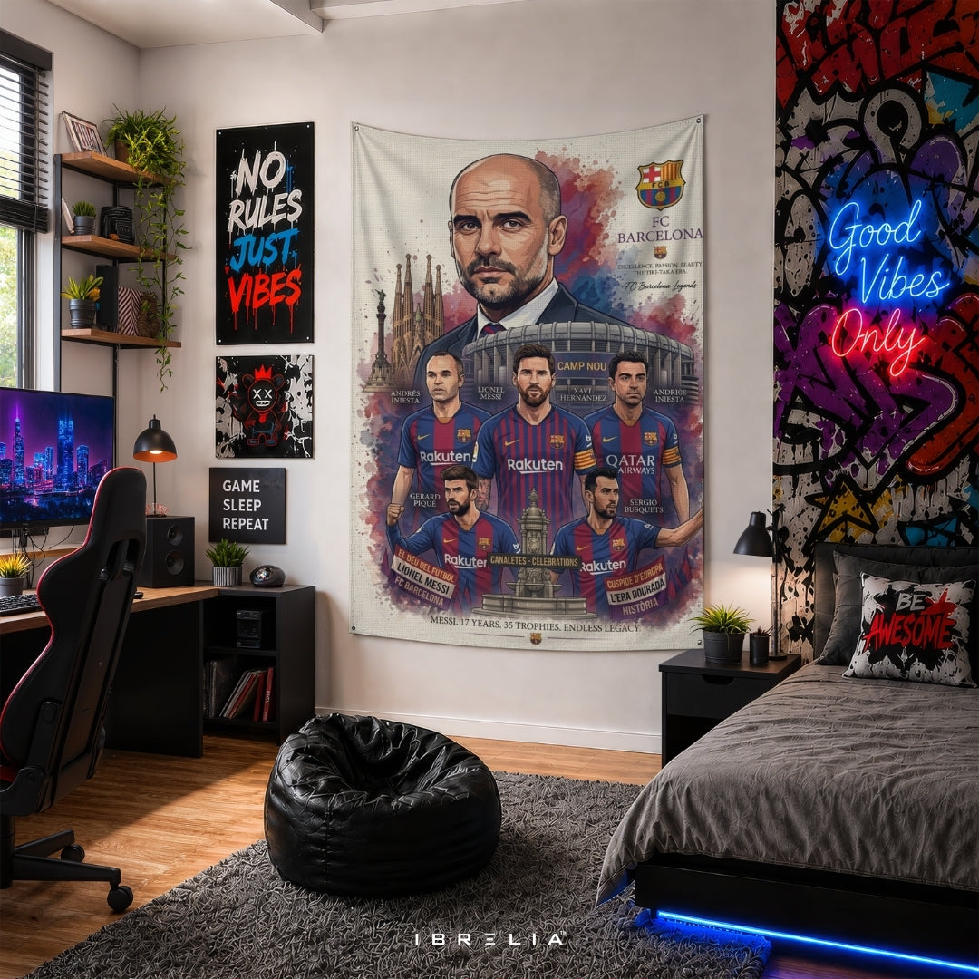 FC Barcelona Legends Premium Jute Fabric Tapestry | Camp Nou Wall Hanging | IBRELIA™
