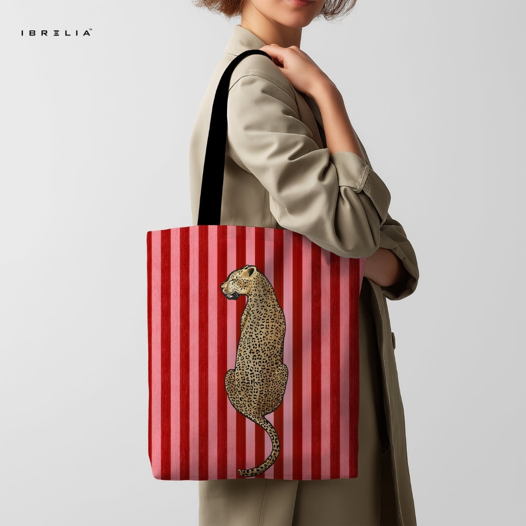 IBRELIA™ Wild Luxe Leopard Tote Bag – Red Striped Aesthetic Tote IBRELIA