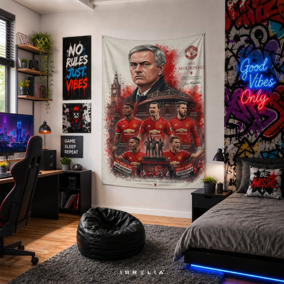 Manchester United José Mourinho Era Premium Jute Fabric Tapestry | Old Trafford Wall Hanging | IBRELIA™