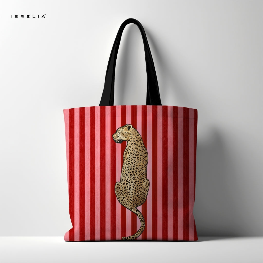 IBRELIA™ Wild Luxe Leopard Tote Bag – Red Striped Aesthetic Tote