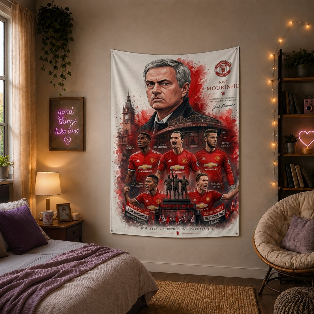 Manchester United José Mourinho Era Premium Jute Fabric Tapestry | Old Trafford Wall Hanging | IBRELIA™
