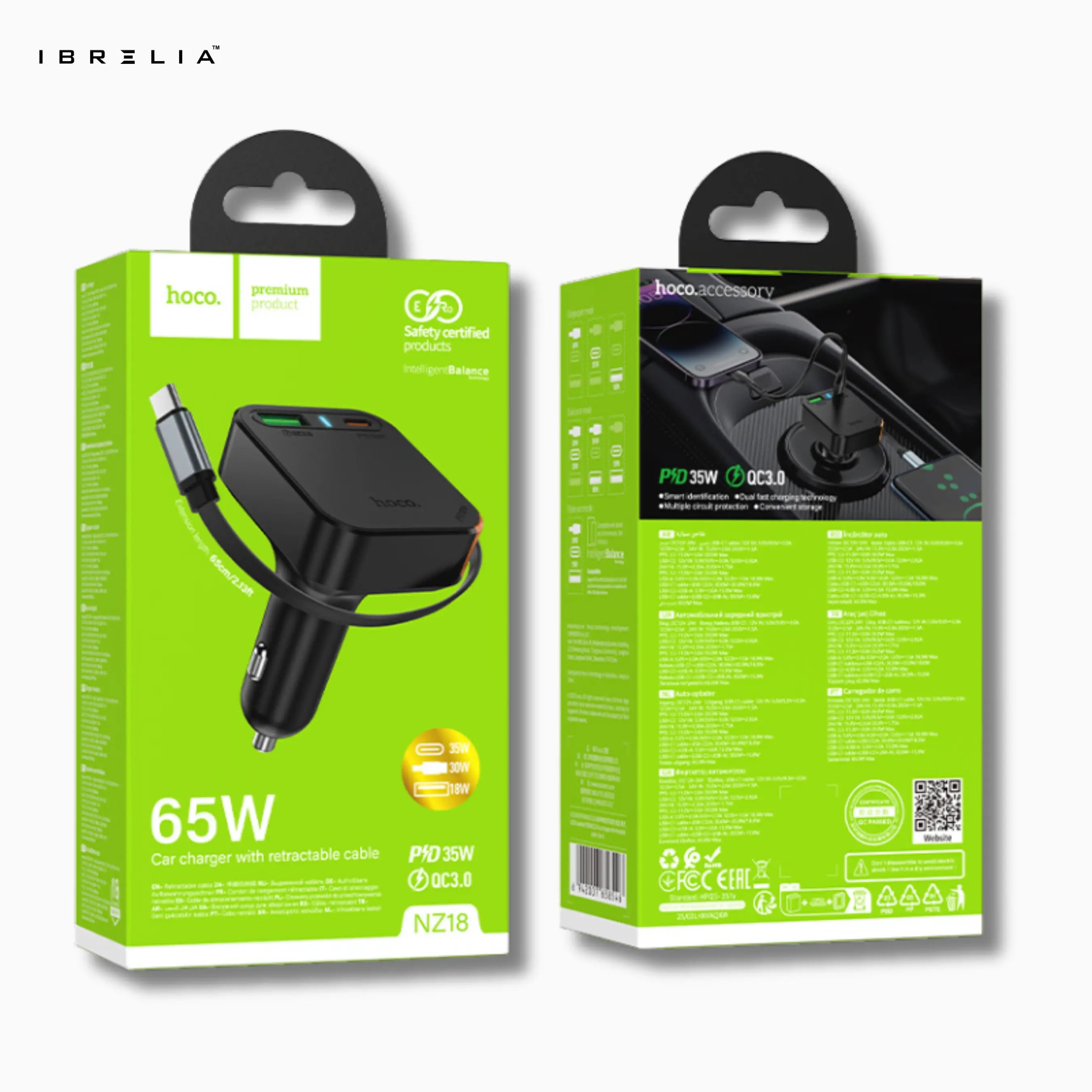 HOCO NZ18 Guardian PD65W Car Charger with Retractable Cable (2C1A) | IBRELIA™ IBRELIA