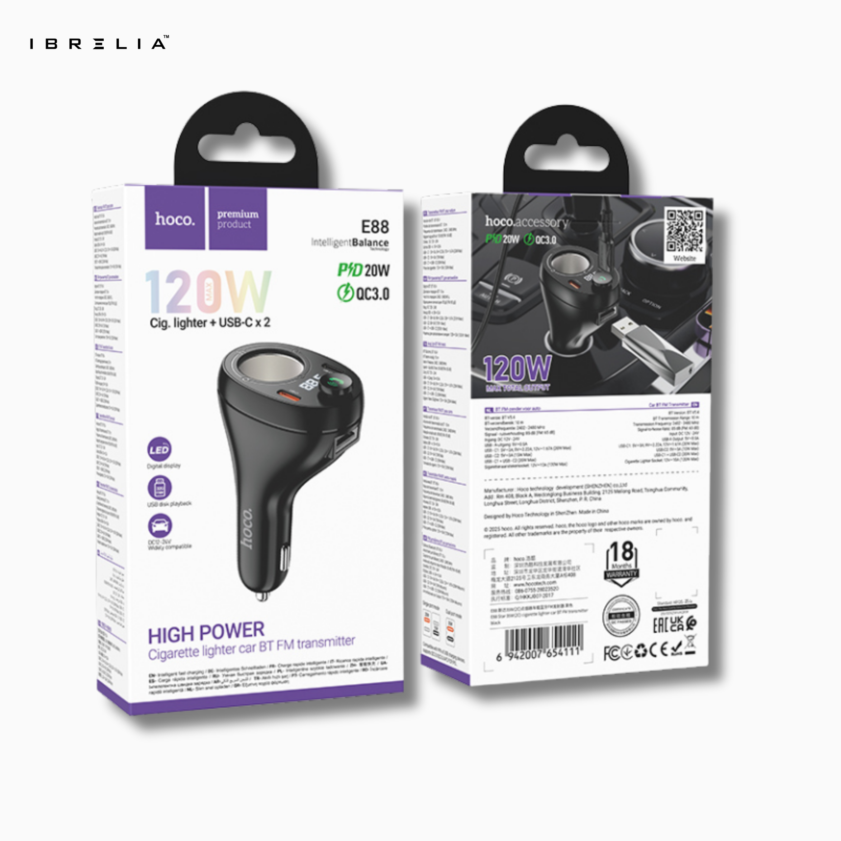 HOCO E88 – 120W High-Power Car Charger + BT FM Transmitter | IBRELIA™