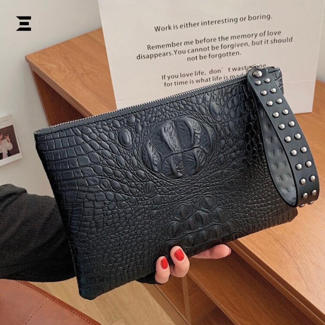 Crocodile Embossed Studded Wristlet Bag | Vintage Old-Money PU Leather Clutch for Women | IBRELIA™