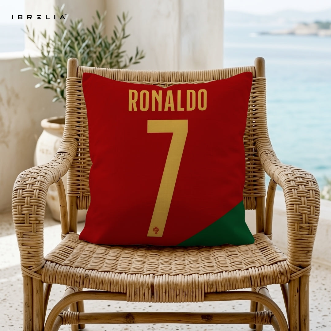Ronaldo 7 Portugal Cushion | Red Jersey Style Football Design | Premium Jute Fabric | Double-Sided Print | IBRELIA™ IBRELIA