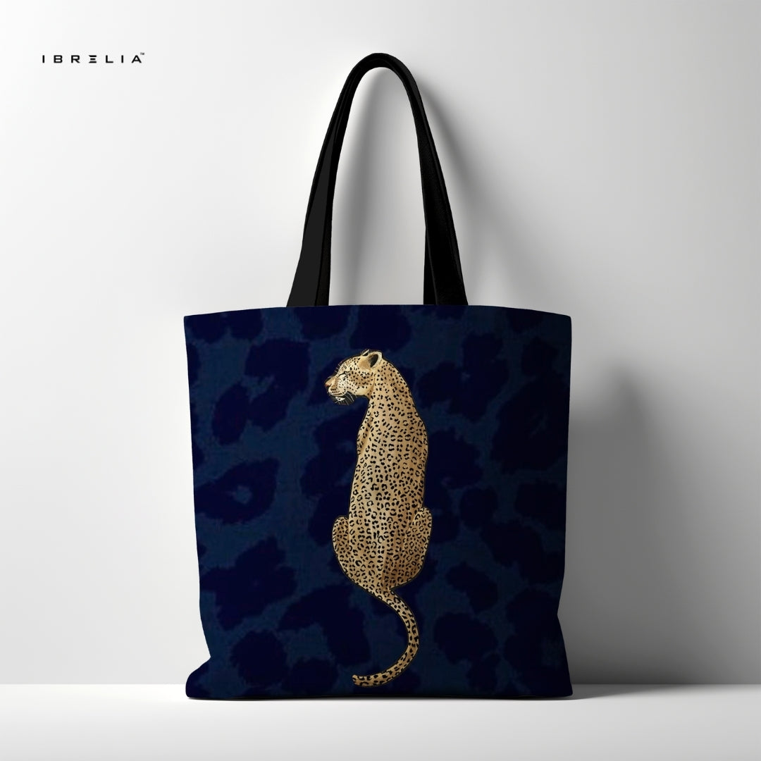 IBRELIA™ Midnight Leopard Tote Bag – Dark Blue Luxury Animal Print Tote IBRELIA