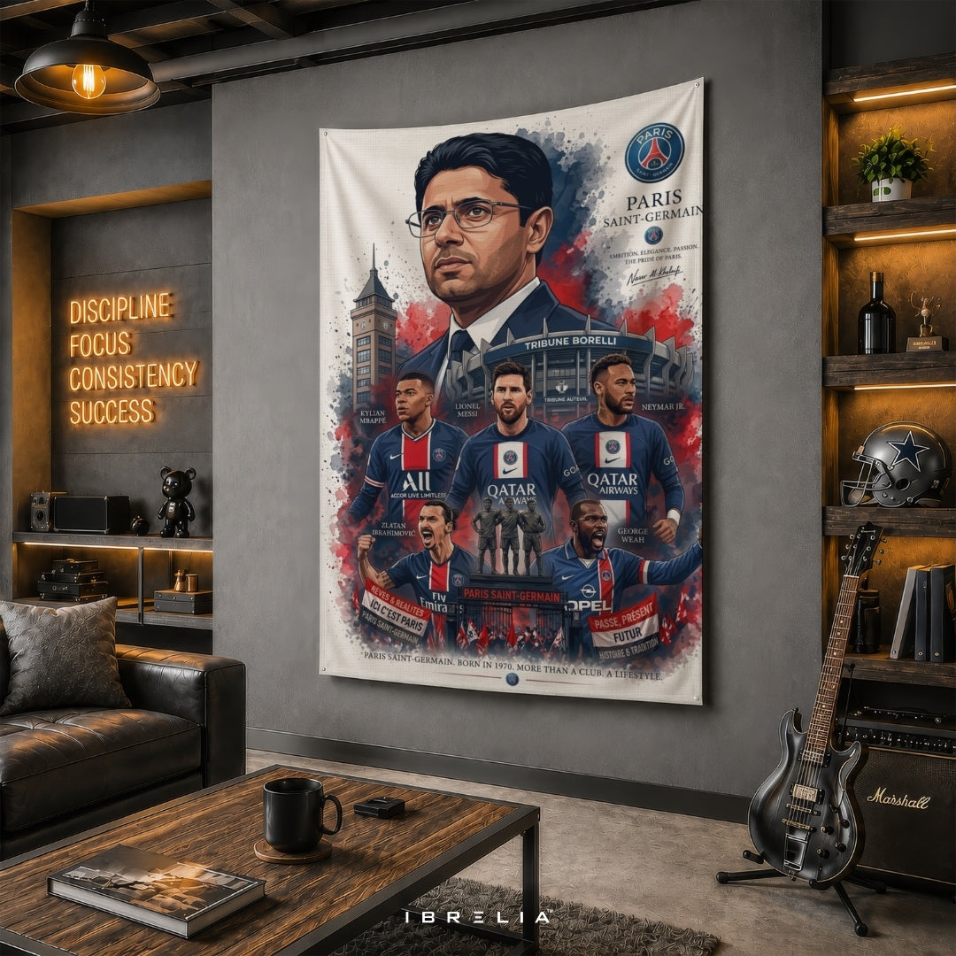 Paris Saint-Germain Legends Premium Jute Fabric Tapestry | Parc des Princes Wall Hanging | IBRELIA™