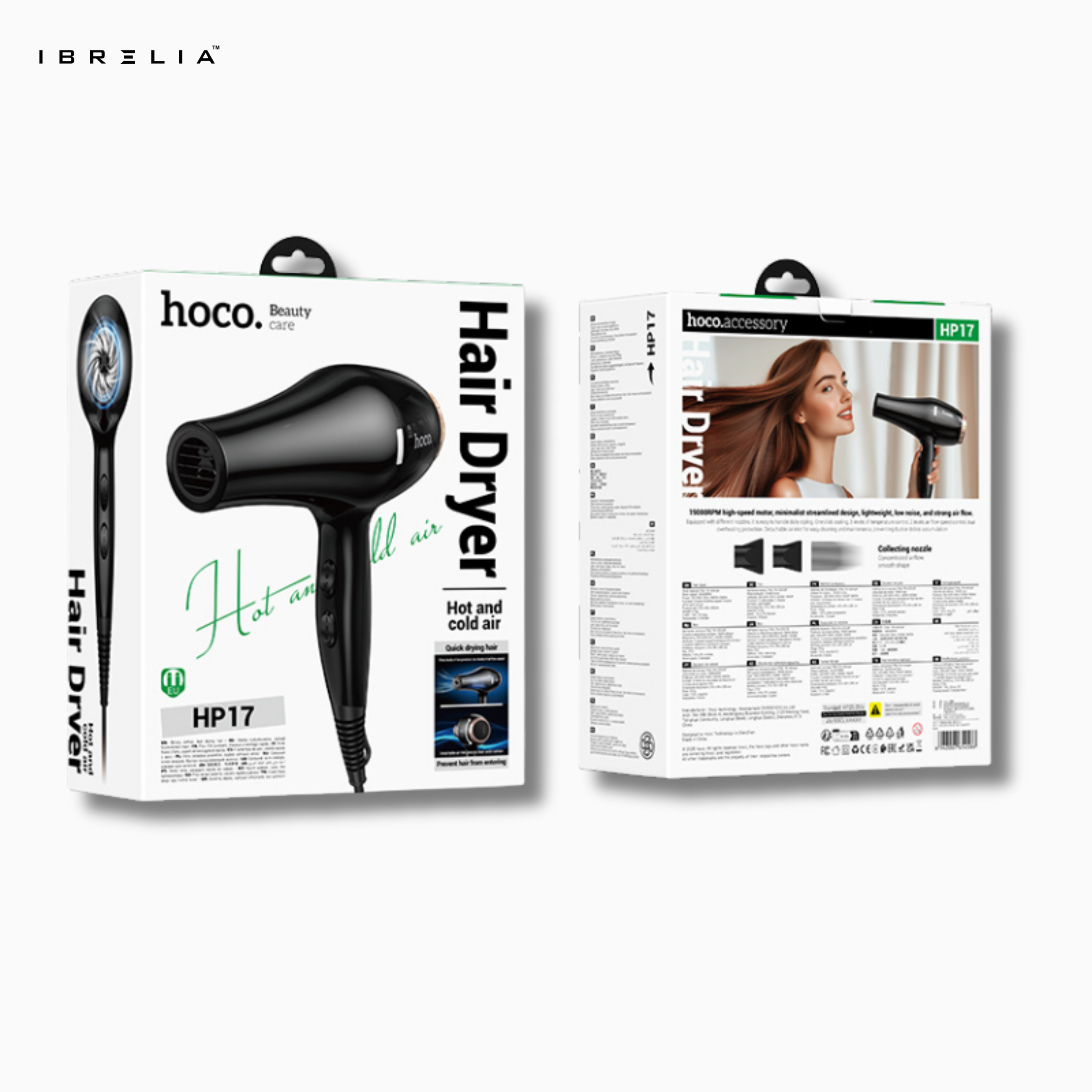 HOCO HP17 Professional Hot & Cold Air Hair Dryer | 1650W Powerful Motor | 3 Heat Modes & 2 Speed Settings | IBRELIA™ IBRELIA