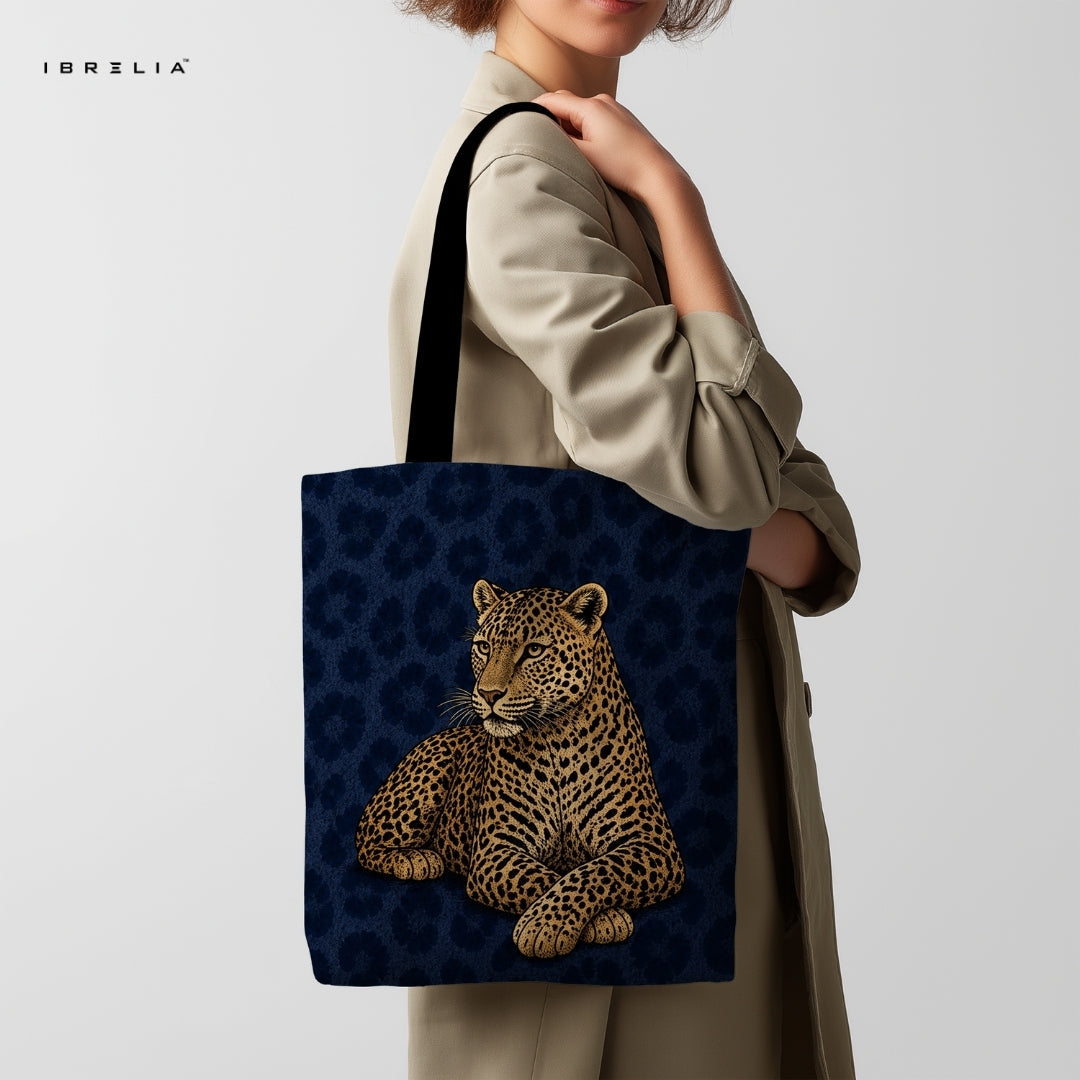 IBRELIA™ Royal Leopard Midnight Tote Bag – Luxury Navy Animal Print Tote IBRELIA