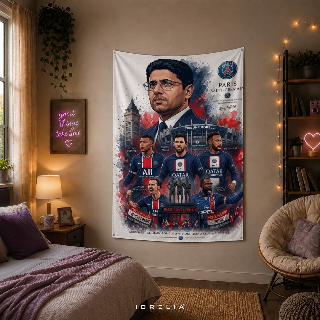Paris Saint-Germain Legends Premium Jute Fabric Tapestry | Parc des Princes Wall Hanging | IBRELIA™