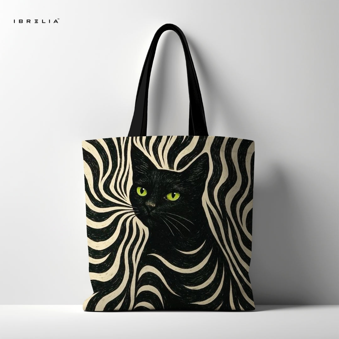 IBRELIA™ Noir Zebra Cat Tote Bag – Artistic Black Cat Aesthetic Tote IBRELIA