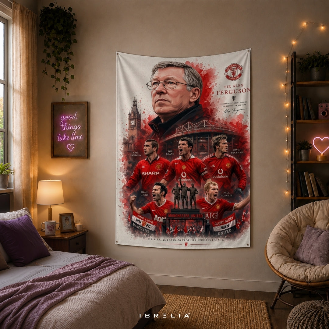 Manchester United Sir Alex Ferguson Era Premium Jute Fabric Tapestry | Old Trafford Wall Hanging | IBRELIA™