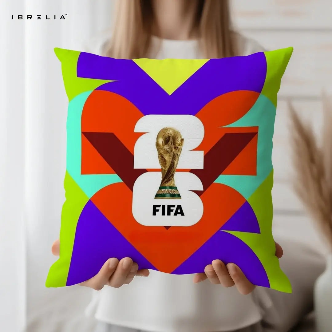 World Cup 2026 Cushion | FIFA Football Trophy Design | Premium Jute Fabric | Double-Sided Print | IBRELIA™ IBRELIA