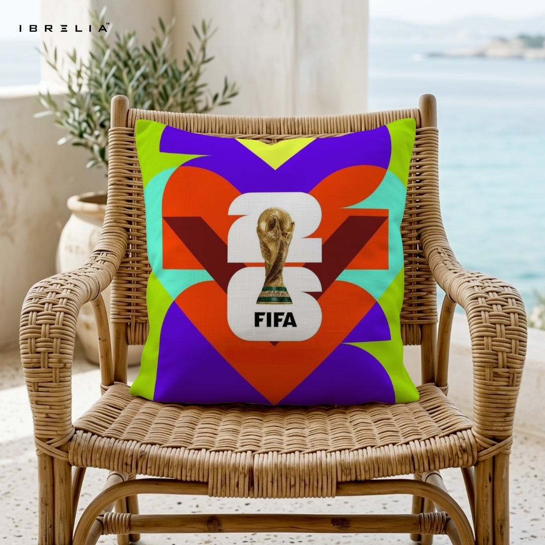 World Cup 2026 Cushion | FIFA Football Trophy Design | Premium Jute Fabric | Double-Sided Print | IBRELIA™ IBRELIA