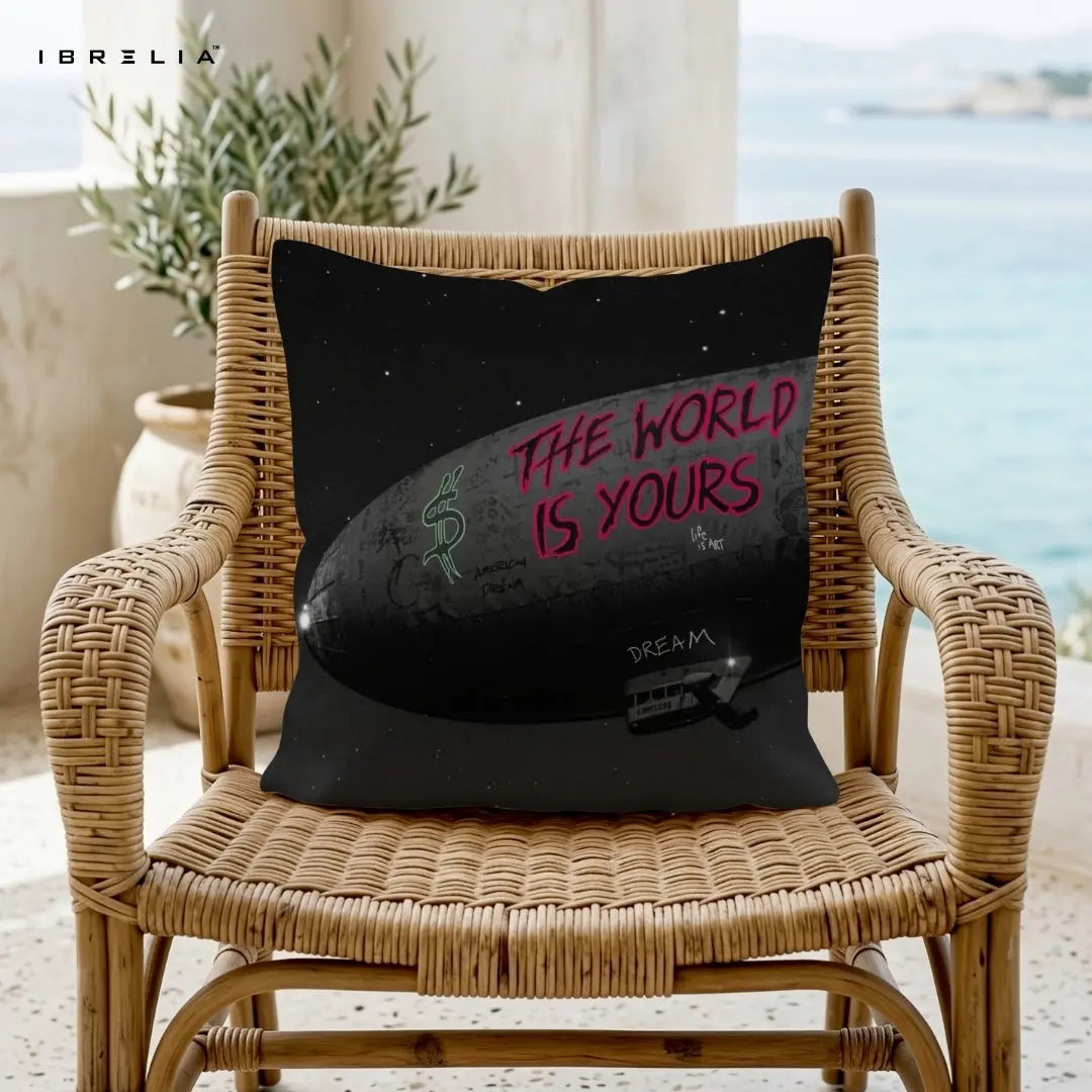 The World Is Yours Cushion – 15x15 Inch Motivational Decorative Pillow | Urban Art Cushion | Double-Sided Print | Premium Fibre Filling | IBRELIA™ IBRELIA