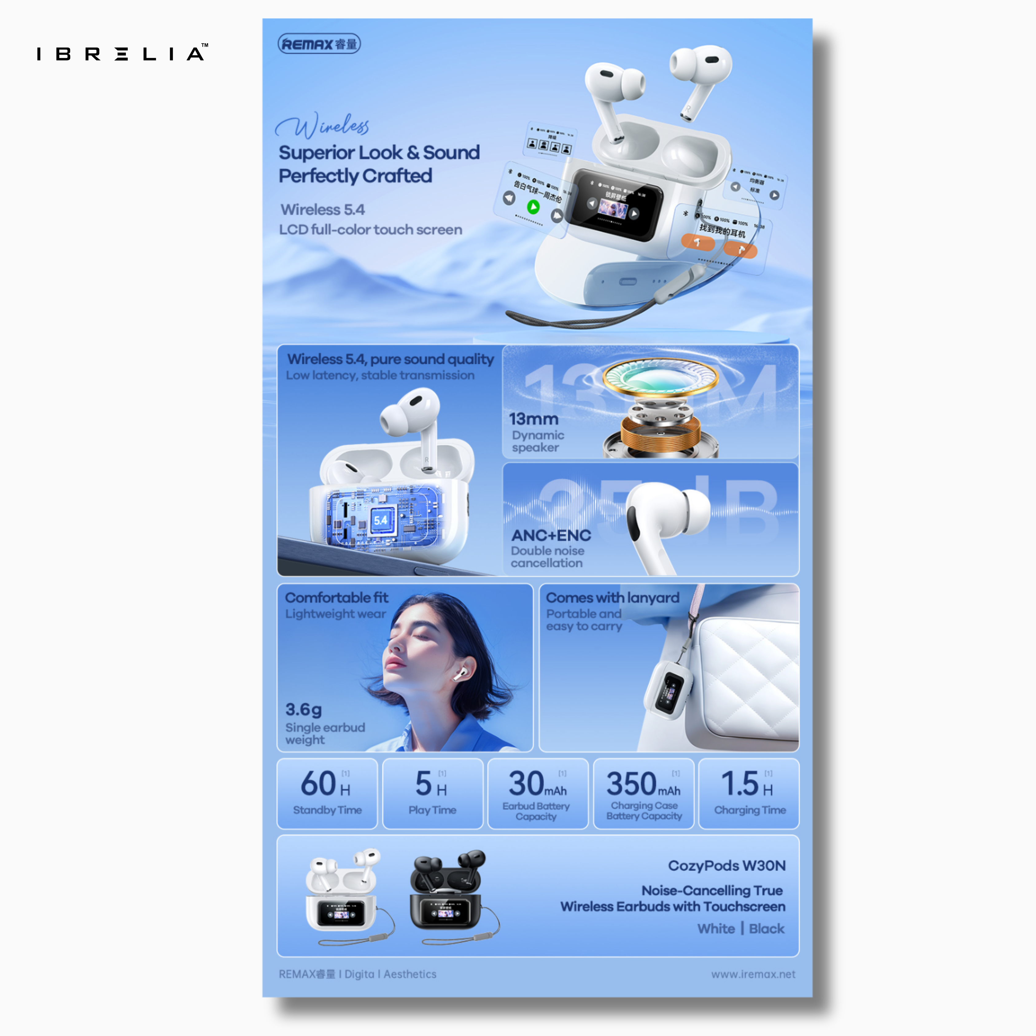 REMAX CozyPods W30N TWS Earbuds | Smart Full-Color Touchscreen Case | ANC + ENC Noise Cancellation | IBRELIA™ IBRELIA