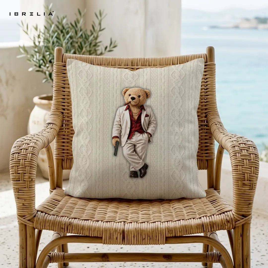Gangster Teddy Cushion | Scarface Style Bear Design | Premium Jute Fabric | Double-Sided Print | IBRELIA™ IBRELIA
