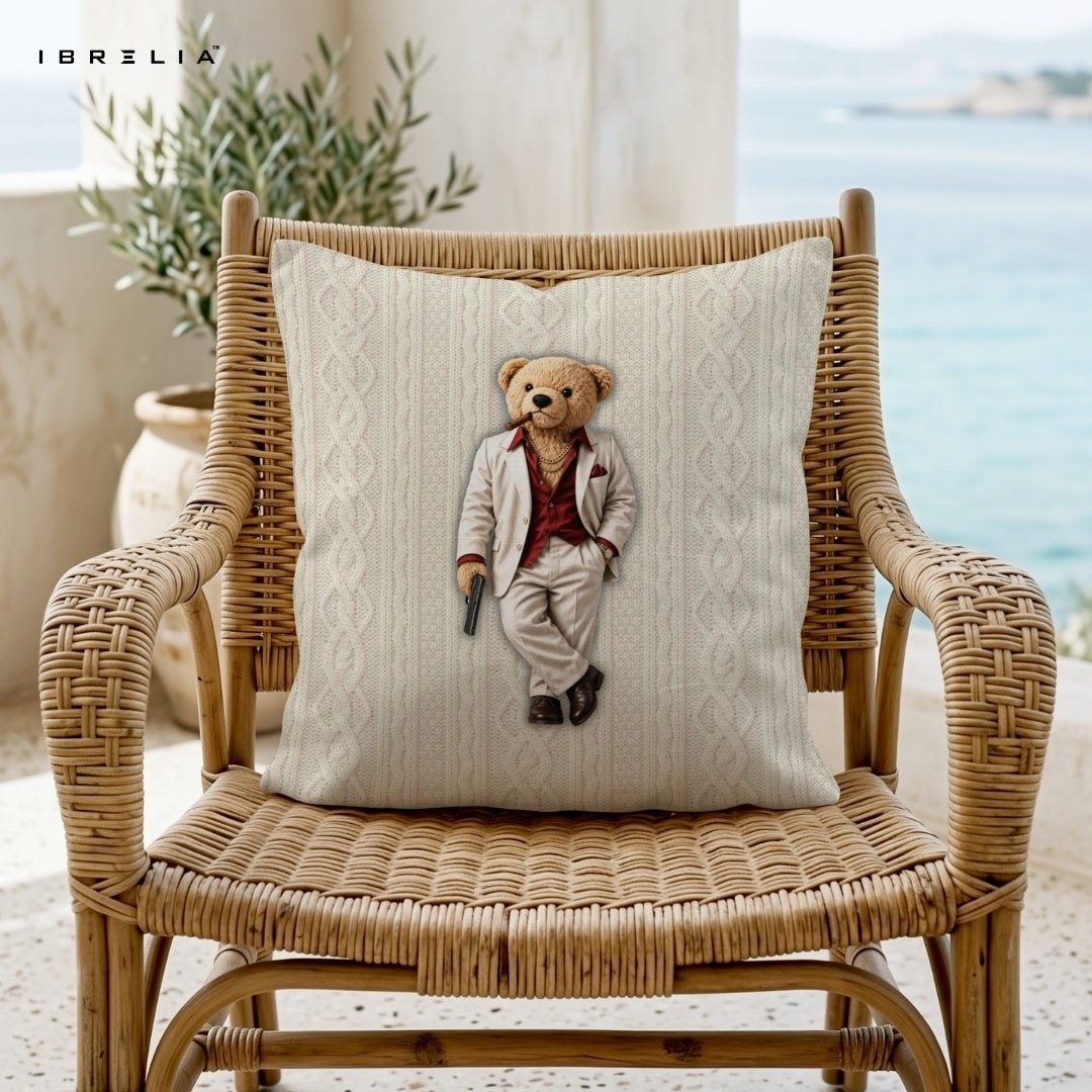 Gangster Teddy Cushion | Scarface Style Bear Design | Premium Jute Fabric | Double-Sided Print | IBRELIA™ IBRELIA