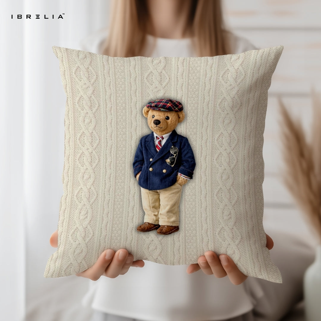 Classic Gentleman Teddy Cushion | Vintage Style Bear Design | Premium Jute Fabric | Double-Sided Print | IBRELIA™ IBRELIA