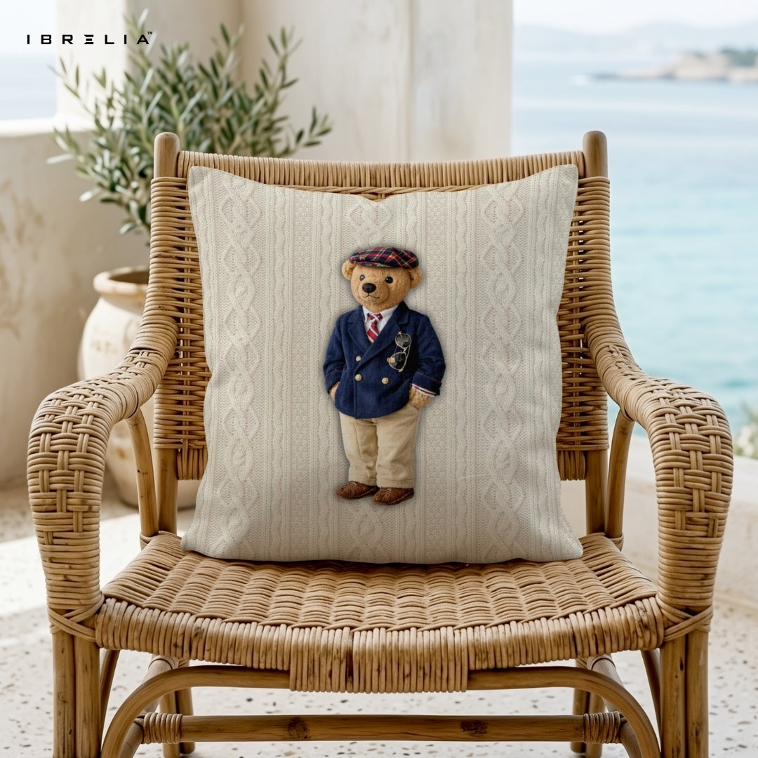 Classic Gentleman Teddy Cushion | Vintage Style Bear Design | Premium Jute Fabric | Double-Sided Print | IBRELIA™ IBRELIA