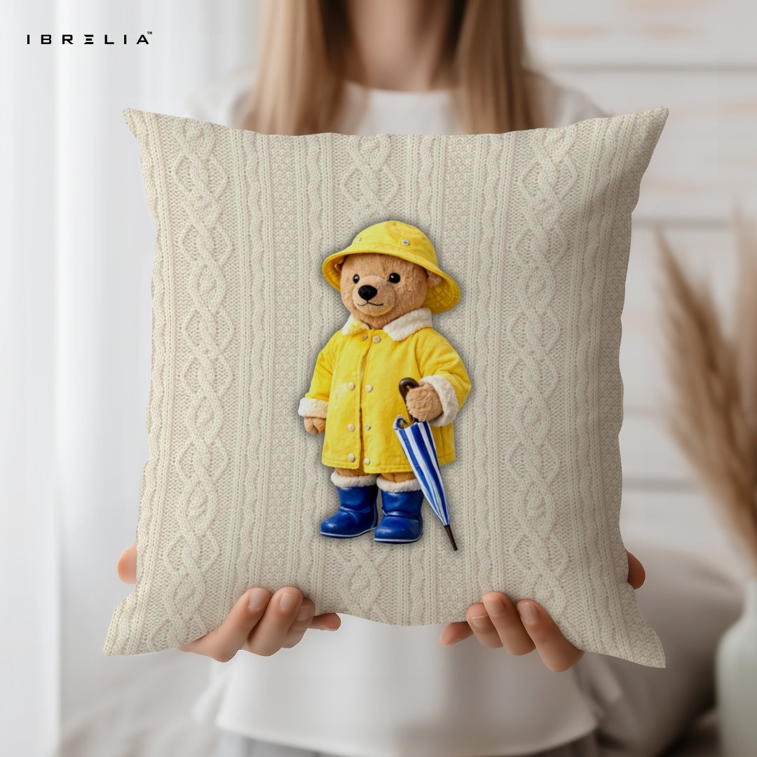 Rainy Day Teddy Cushion | Cute Bear with Umbrella Design | Premium Jute Fabric | Double-Sided Print | IBRELIA™ IBRELIA