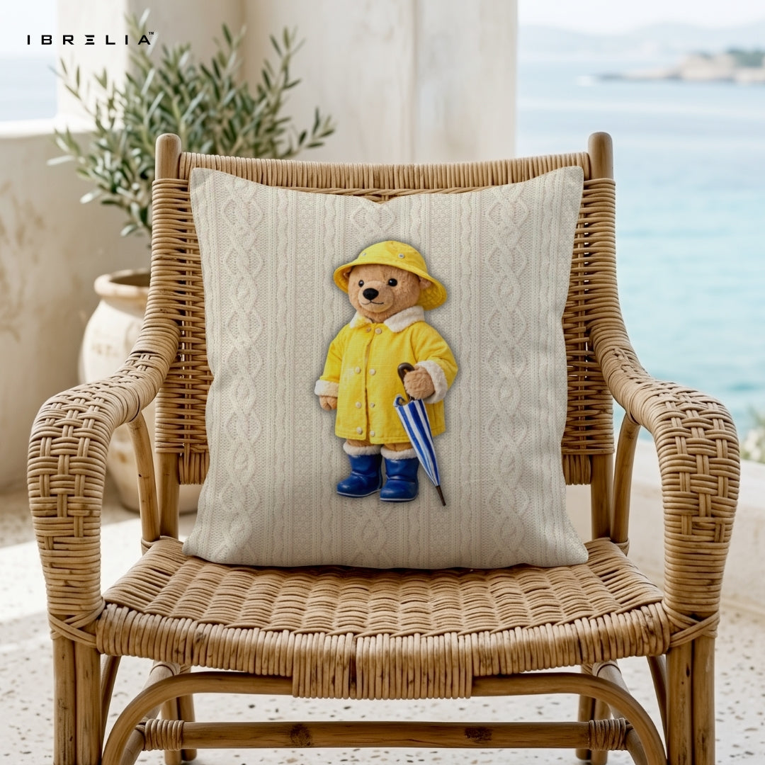 Rainy Day Teddy Cushion | Cute Bear with Umbrella Design | Premium Jute Fabric | Double-Sided Print | IBRELIA™ IBRELIA