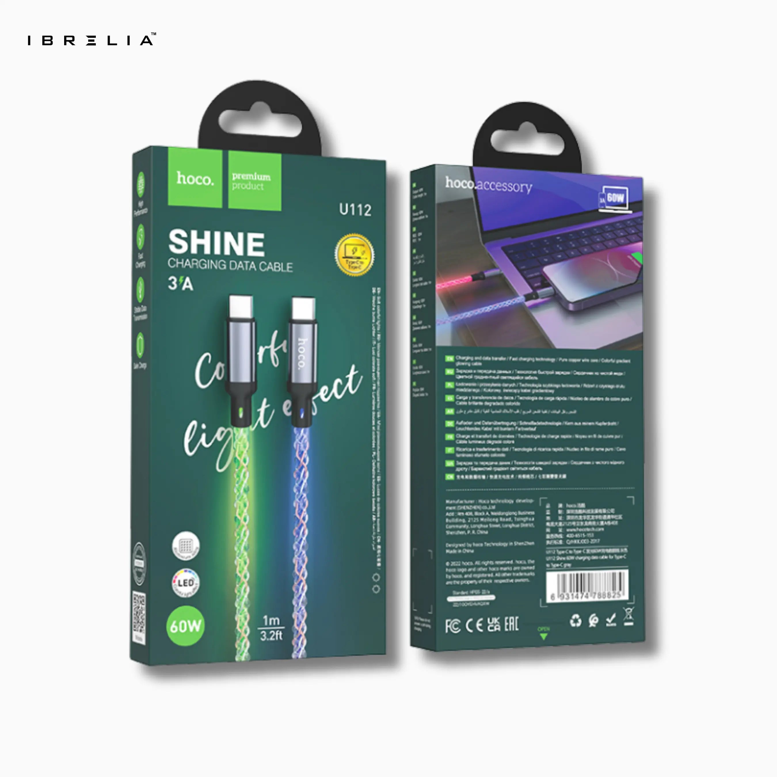 HOCO U112 Shine 60W LED Charging Data Cable (Type-C to Type-C) | IBRELIA™ IBRELIA