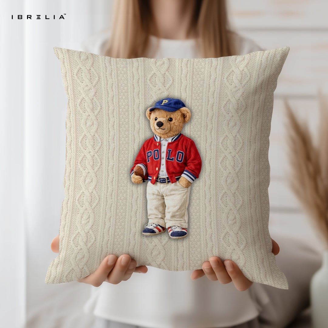 Preppy Polo Teddy Cushion | Classic American Style Bear Design | Premium Jute Fabric | Double-Sided Print | IBRELIA™ IBRELIA
