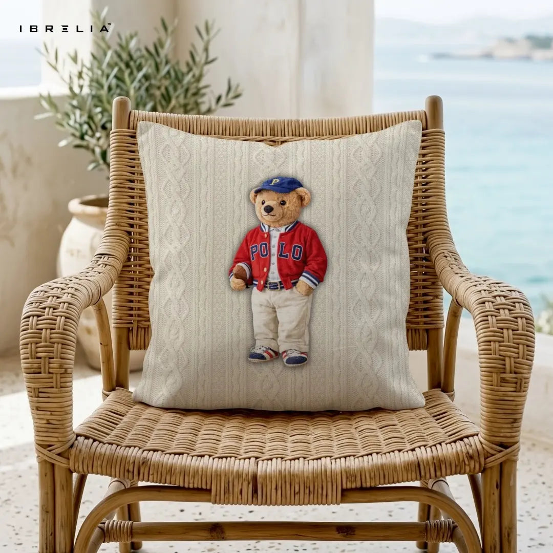 Preppy Polo Teddy Cushion | Classic American Style Bear Design | Premium Jute Fabric | Double-Sided Print | IBRELIA™ IBRELIA