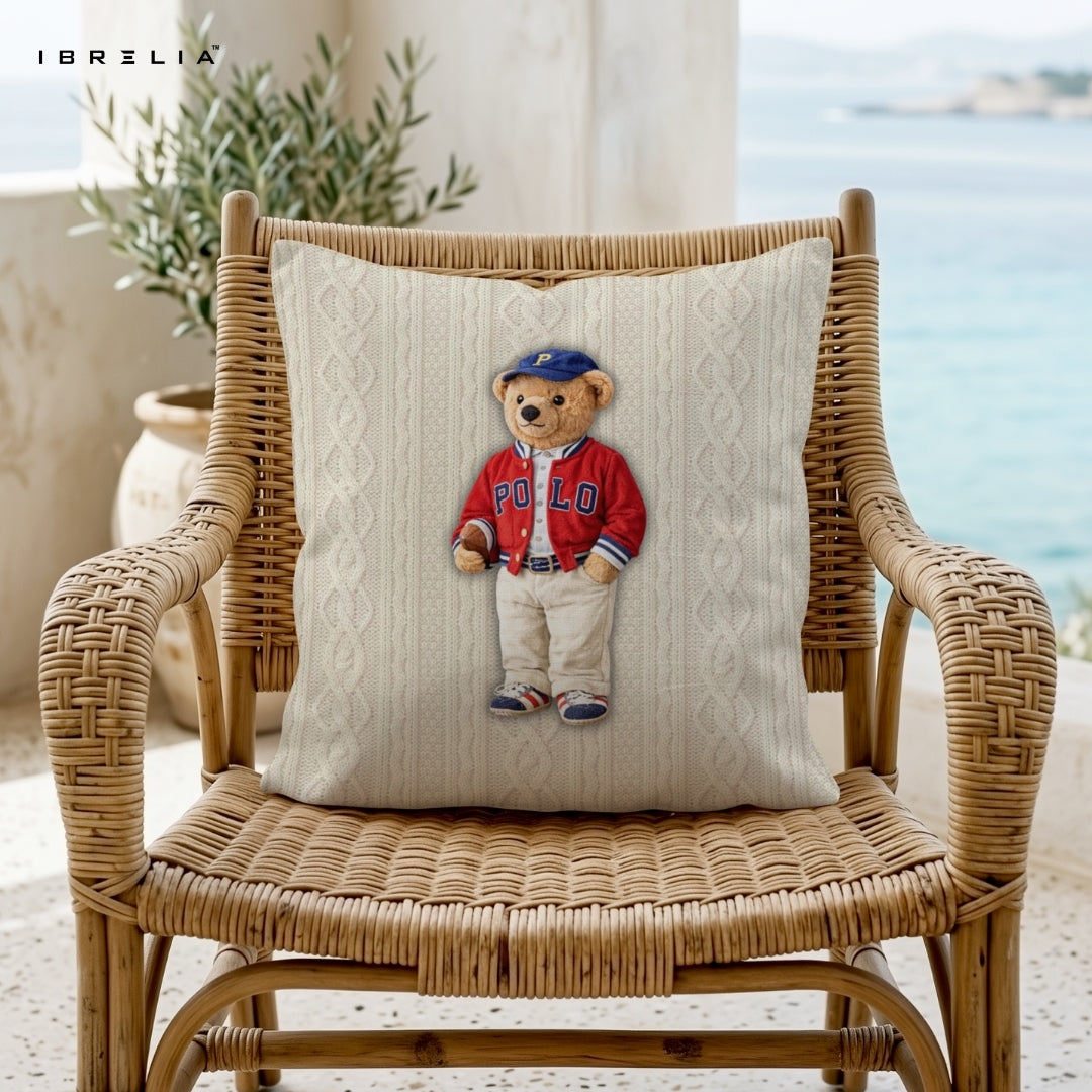 Preppy Polo Teddy Cushion | Classic American Style Bear Design | Premium Jute Fabric | Double-Sided Print | IBRELIA™ IBRELIA