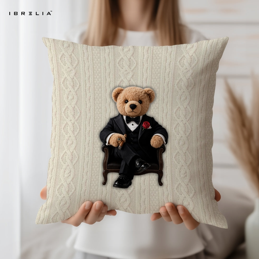 Godfather Teddy Cushion | Mafia Boss Bear Design | Premium Jute Fabric | Double-Sided Print | IBRELIA™ IBRELIA