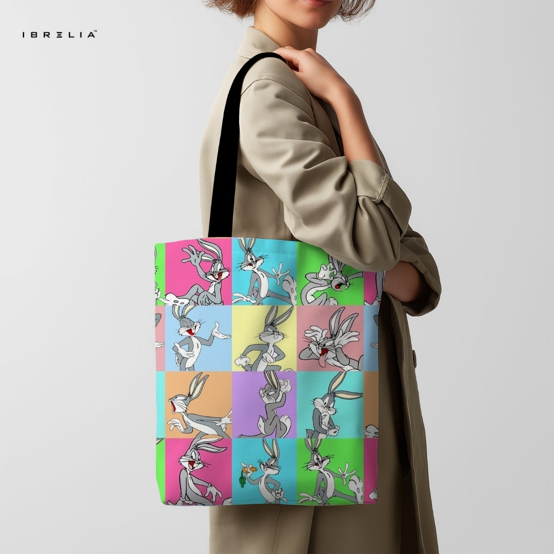 IBRELIA™ Retro Bunny Pop Art Tote Bag – Color Block Cartoon Tote