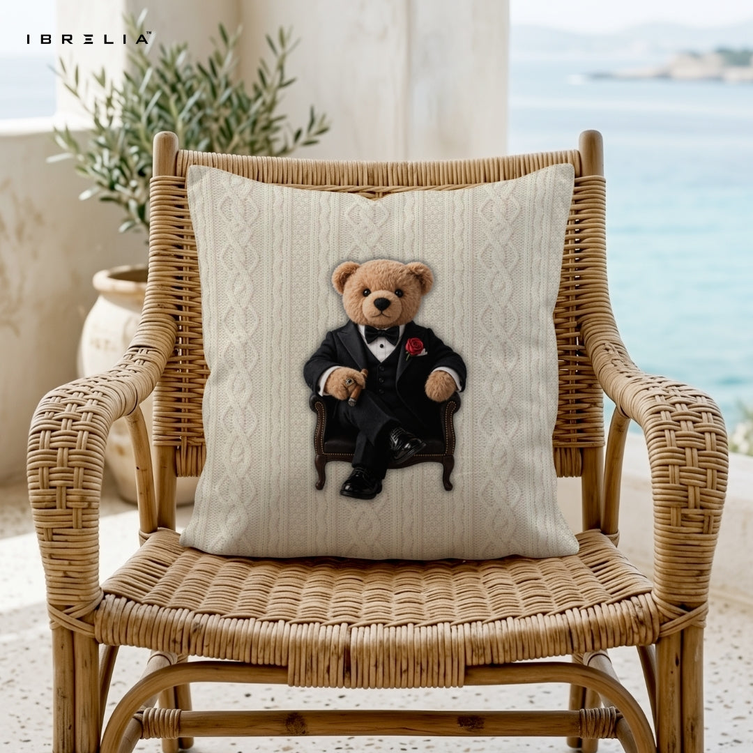 Godfather Teddy Cushion | Mafia Boss Bear Design | Premium Jute Fabric | Double-Sided Print | IBRELIA™ IBRELIA