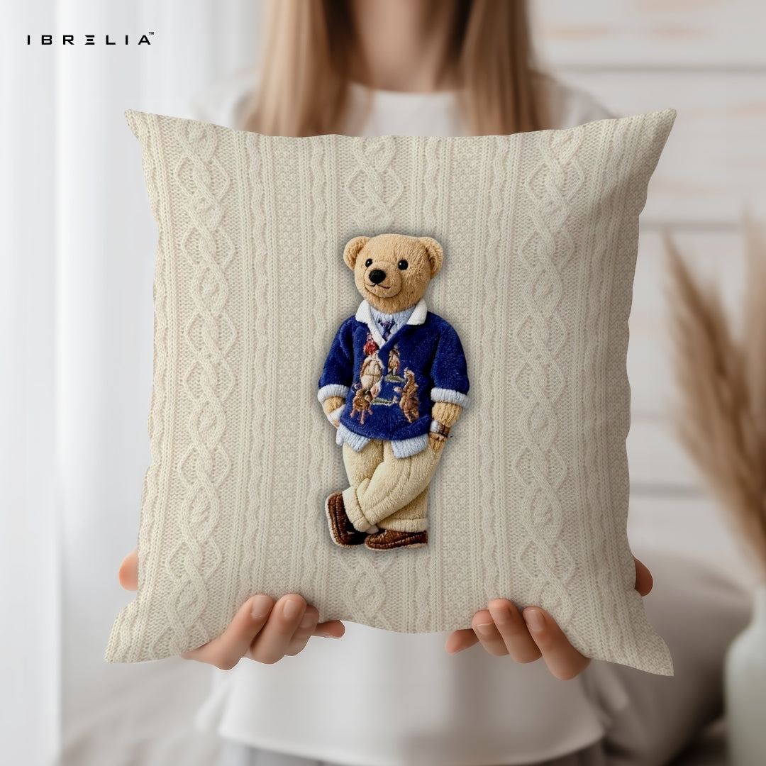 Luxury Knit Teddy Cushion | Premium Sweater Style Bear Design | Jute Fabric | Double-Sided Print | IBRELIA™ IBRELIA