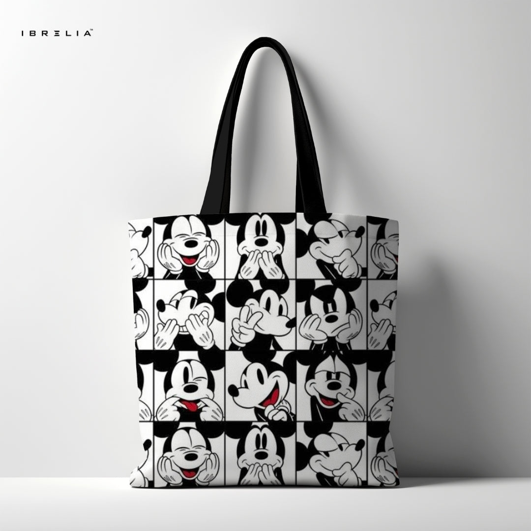 IBRELIA™ Monochrome Cartoon Grid Tote Bag – Retro Black & White Pop Art Tote IBRELIA