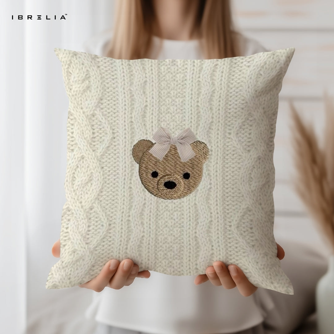 Minimal Teddy Face Cushion | Cute Bow Bear Design | Premium Jute Fabric | Double-Sided Print | IBRELIA™ IBRELIA