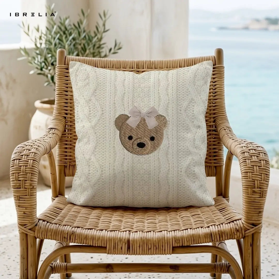 Minimal Teddy Face Cushion | Cute Bow Bear Design | Premium Jute Fabric | Double-Sided Print | IBRELIA™ IBRELIA