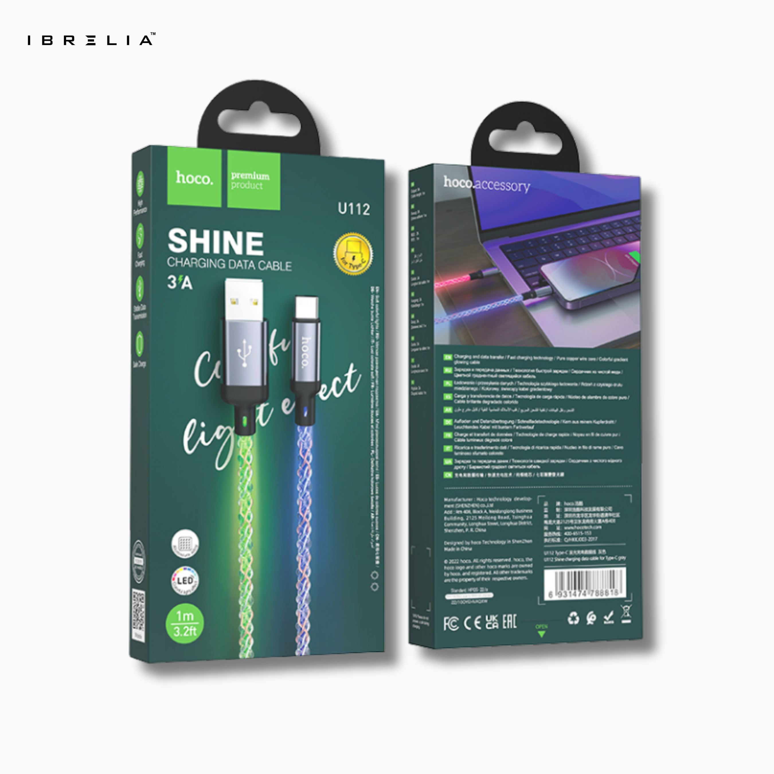 HOCO U112 Shine LED 3A Charging Data Cable (USB-A to Type-C) | IBRELIA™