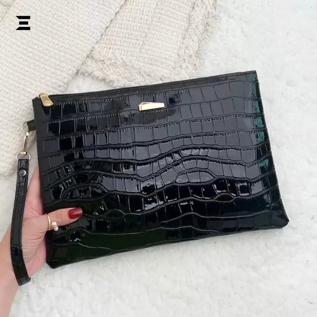 Shiny Crocodile Embossed Evening Wristlet Bag | Luxury Metal Decor Square Clutch for Women | IBRELIA™ IBRELIA