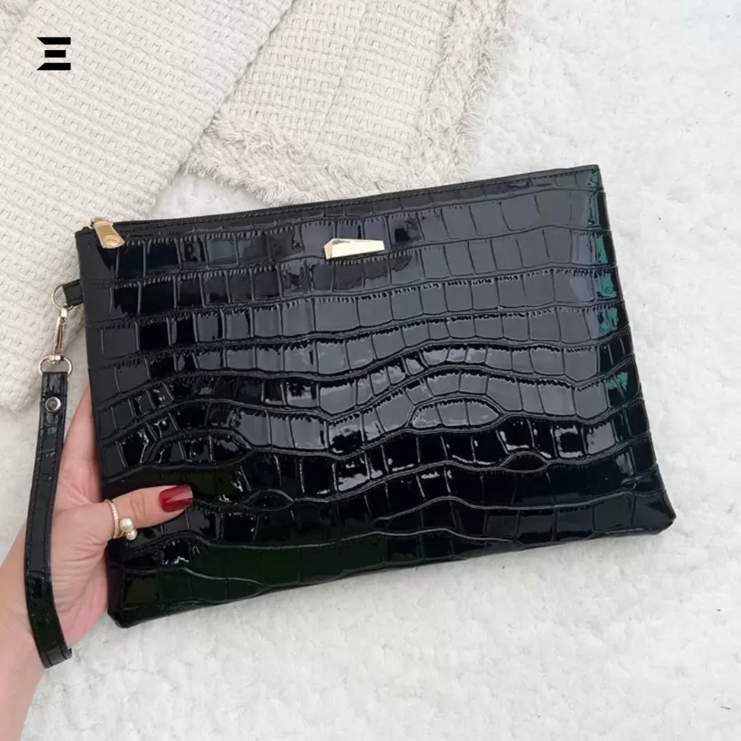 Shiny Crocodile Embossed Evening Wristlet Bag | Luxury Metal Decor Square Clutch for Women | IBRELIA™ IBRELIA