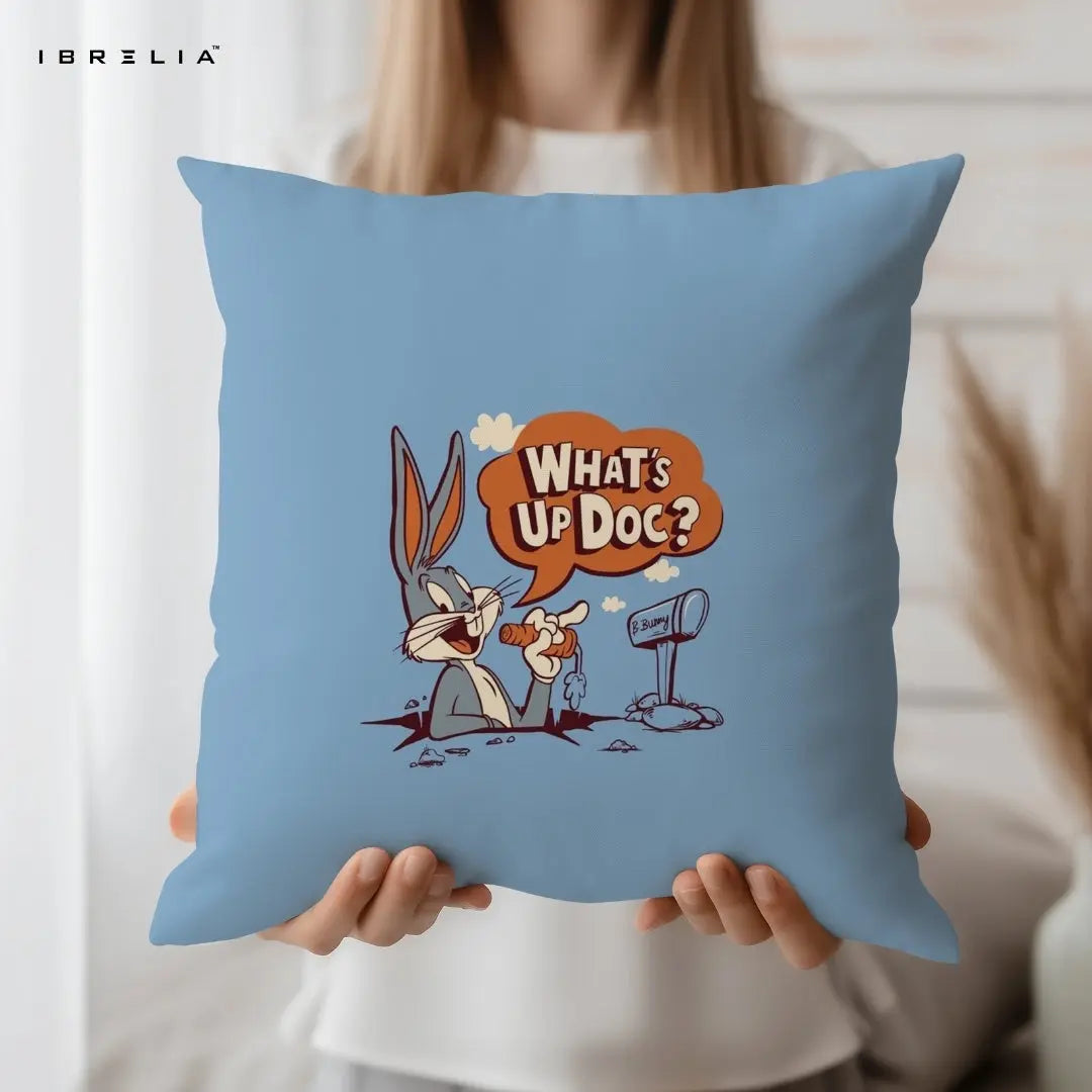 Bugs Bunny “What’s Up Doc?” Cushion 15x15 Inch | Looney Tunes Cartoon Pillow | IBRELIA™ IBRELIA