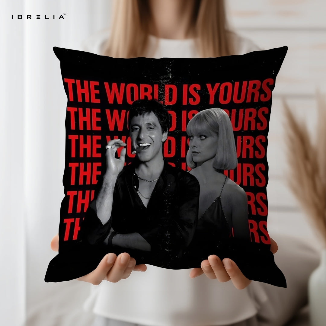 Scarface “The World Is Yours” Cushion – 15x15 Inch Movie Inspired Decorative Pillow | Double-Sided Print | Premium Fibre Filling | IBRELIA™ IBRELIA