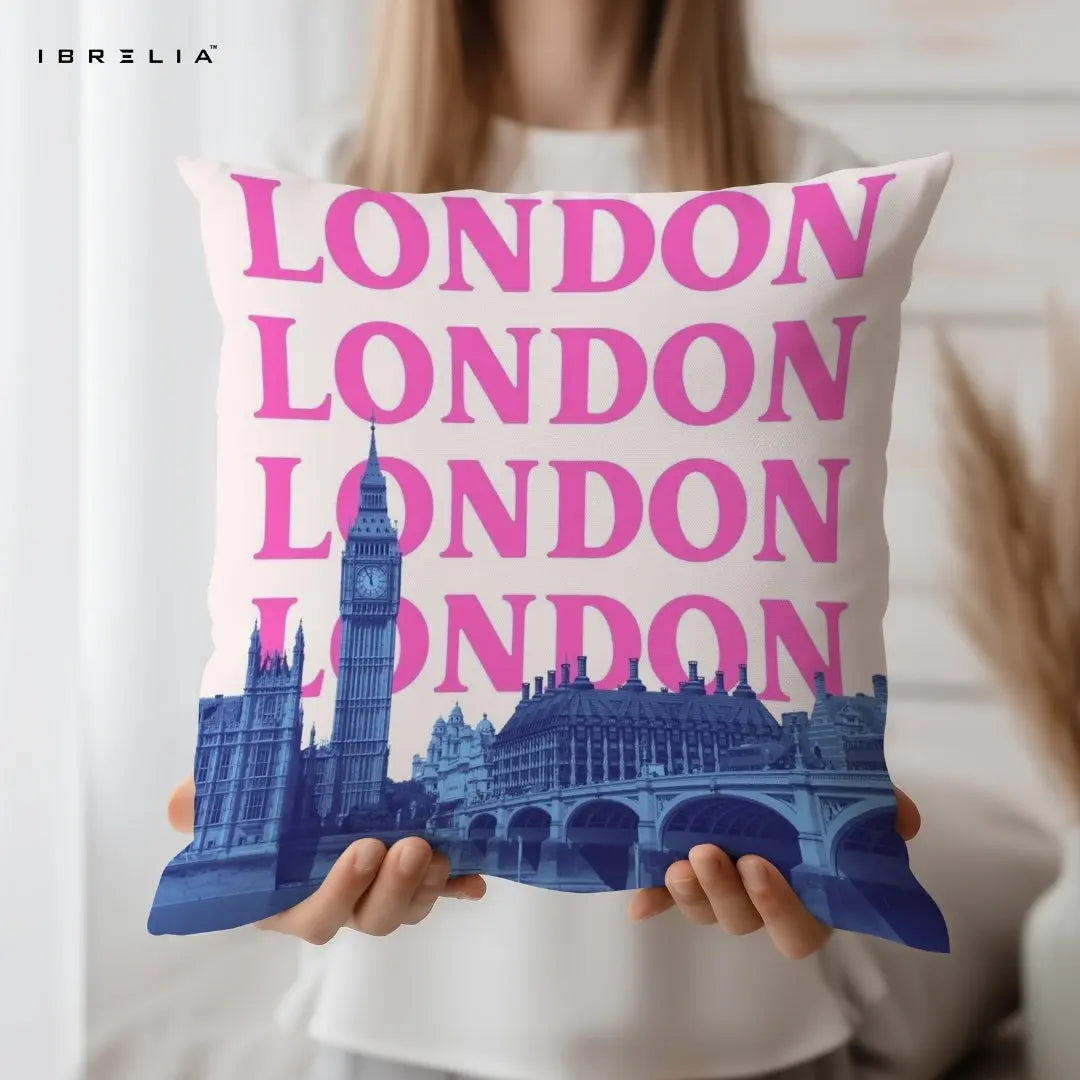 London Aesthetic Cushion | Big Ben Cityscape Design | Pink Typography Cushion | IBRELIA™ IBRELIA
