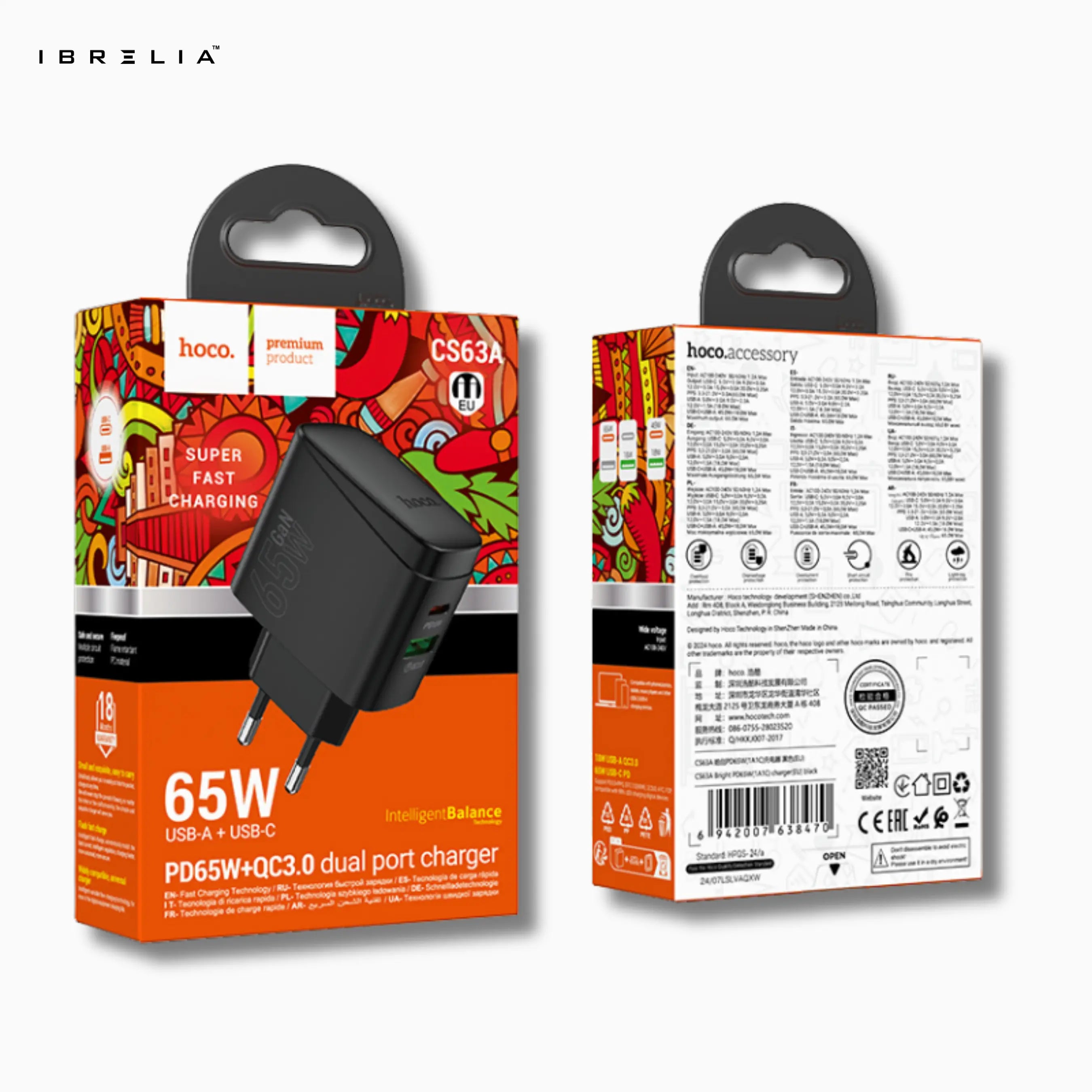 HOCO CS63A Bright PD65W Dual-Port Fast Charger (USB-C + USB-A | 65W Total Output | EU Plug) | IBRELIA™ IBRELIA